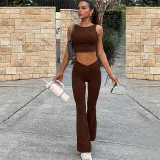 Autumn Winter Sexy Crop Short Vest Solid Color High Waist Flared Trousers Two Piece Set For Women