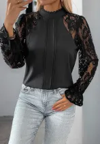 Career Women's Top Lace Patchwork Round Neck Long-Sleeved Shirt