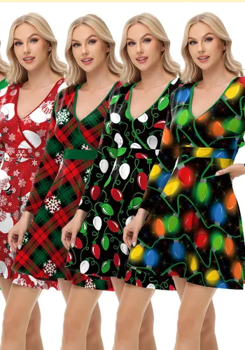 Fashion Christmas Printing V-Neck Autumn Long-Sleeved Sexy Dress For Women