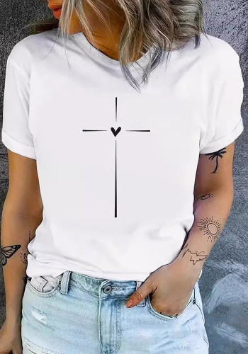 Heart Print Casual Summer Round Neck T-Shirt