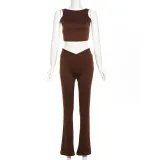 Autumn Winter Sexy Crop Short Vest Solid Color High Waist Flared Trousers Two Piece Set For Women