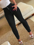 Black Elastic Tight Fitting Button Zipper Denim Women's Tight Pants