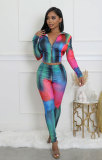 Fashionable Autumn Print Zipper Long Sleeve Slim Fit Two-Piece Pants Set