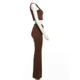 Autumn Winter Sexy Crop Short Vest Solid Color High Waist Flared Trousers Two Piece Set For Women