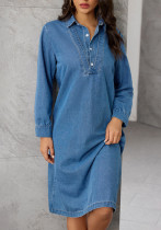 Chic Turndown Collar Long Sleeve Autumn Winter Loose Shirt Denim Dress