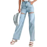 Women Ripped Wide-Leg Denim Pants