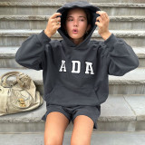 Women Winter Letter Print Long Sleeve Hoodies And Shorts Two-piece Set