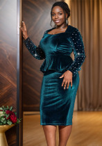Women Elegant Long Sleeve Beaded Dress