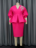 Women V-neck Lantern Sleeve Embroidered Dress