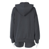 Women Winter Letter Print Long Sleeve Hoodies And Shorts Two-piece Set