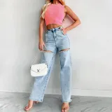 Women Ripped Wide-Leg Denim Pants
