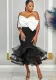 Women Sexy Contrast Strapless Off-Shoulder Bowknot Mesh Bodycon Skirt Two-Piece Set