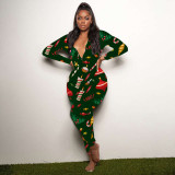 Christmas Women casual printed long sleeve jumpsuit