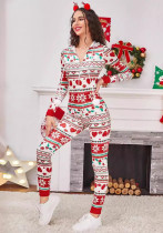 Women Christmas Printed Long Sleeve Pants Jumpsuit