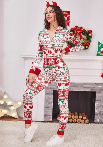 Women Christmas Printed Long Sleeve Pants Jumpsuit