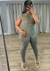 Women zipper short sleeve Ribbed print Jumpsuit