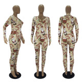 Christmas Women casual printed long sleeve jumpsuit