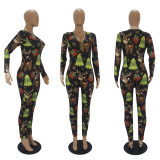 Christmas Women casual printed long sleeve jumpsuit