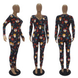 Christmas Women casual printed long sleeve jumpsuit