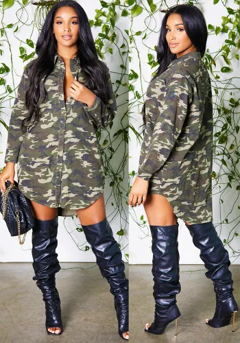Women camouflage irregular turndown collar dress