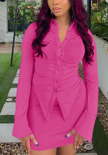 Women Solid Long Sleeve Top Bodycon Skirt Two-piece Set