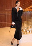 Women's Clothing Contrast Color Turndown Collar Long-Sleeved Zipper Chic Elegant Long Dress
