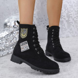 Winter Thick Sole Lace-Up Low Heel Decorated Martin Boots Women's Shoes