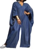 Plus Size V-Neck Loose Denim Jumpsuit