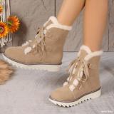 Plus Size Boots Women Winter Outdoor Wear Lace-Up Thick Sole Fleece Boots