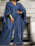 Plus Size V-Neck Loose Denim Jumpsuit