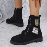 Winter Thick Sole Lace-Up Low Heel Decorated Martin Boots Women's Shoes
