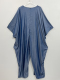 Plus Size V-Neck Loose Denim Jumpsuit