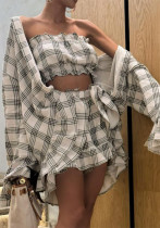 Autumn Long Sleeve Plaid Shirt Strapless Top Shorts Fashion Casual Three-Piece Set
