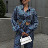 Autumn Chic Outfit Printed Long Sleeve Turndown Collar Shirt Wide-Leg Pants Fashion Two-Piece Suit