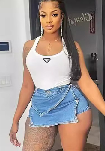 Fashion Sexy Tight Fitting Women's Trendy Solid Color Elastic Button Denim Short Skirt