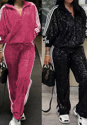 Sequins Plus Size Casual Two Piece Tracksuit