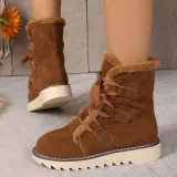 Plus Size Boots Women Winter Outdoor Wear Lace-Up Thick Sole Fleece Boots