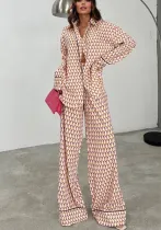 Spring And Autumn Printed Casual Fashion Loose Long Sleeve Shirt Trousers Women's Two-Piece Suit