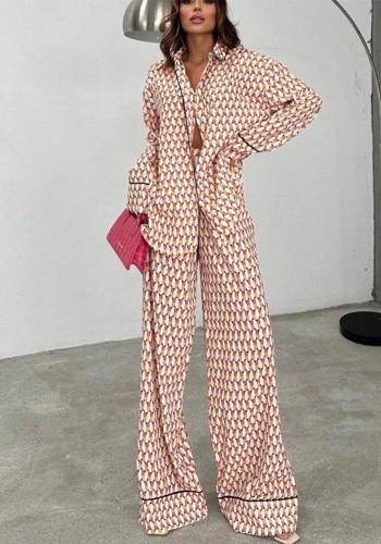 Spring And Autumn Printed Casual Fashion Loose Long Sleeve Shirt Trousers Women's Two-Piece Suit