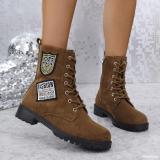 Winter Thick Sole Lace-Up Low Heel Decorated Martin Boots Women's Shoes
