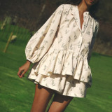 Puff Sleeve Ruffled Puff Shirt Printed Shorts Two Piece Set