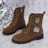 Winter Thick Sole Lace-Up Low Heel Decorated Martin Boots Women's Shoes
