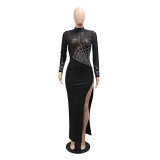 Women High Neck Long Sleeve Beaded Slit Party Dress