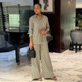 Women casual print long-sleeved shirt and wide-leg Pants two-piece suit