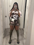 Women summer street camouflage v-neck Casual Patchwork printed short-sleeved T-shirt