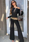 Women Winter Print Patchwork Long Sleeve Round Neck Top and Bell Bottom Pants Two-piece Set