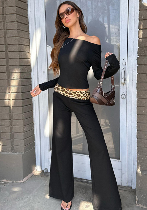 Women Winter Print Patchwork Long Sleeve Round Neck Top and Bell Bottom Pants Two-piece Set
