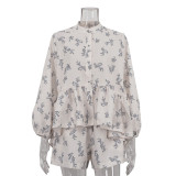 Puff Sleeve Ruffled Puff Shirt Printed Shorts Two Piece Set