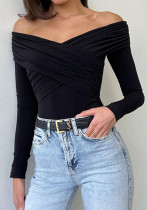 Women v-neck sexy off shoulder long sleeve cross pleated t-shirt