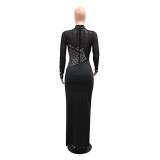 Women High Neck Long Sleeve Beaded Slit Party Dress